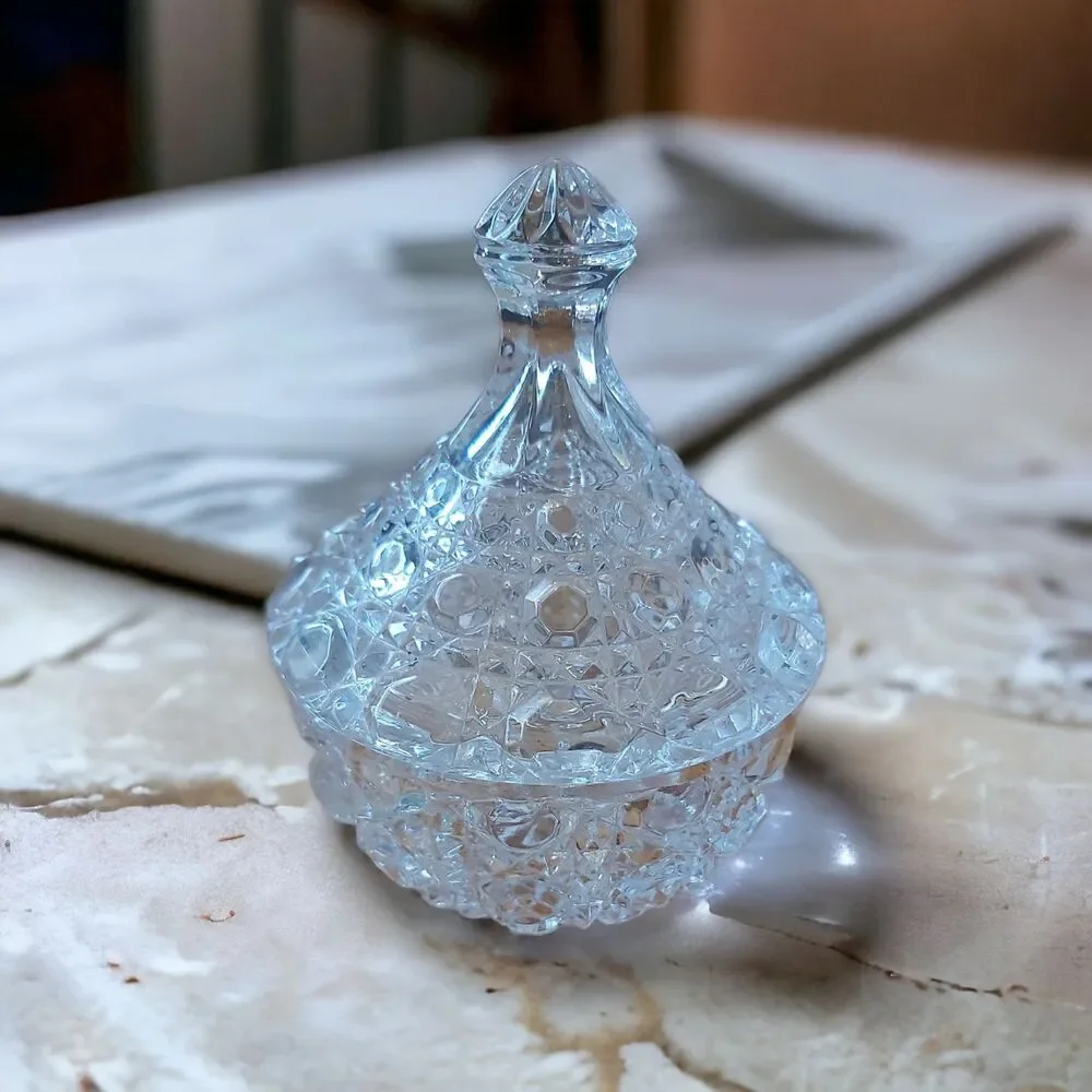 Vintage 1970's Round Cut Crystal Candy Dish with Lid Made in USA Mint Condition